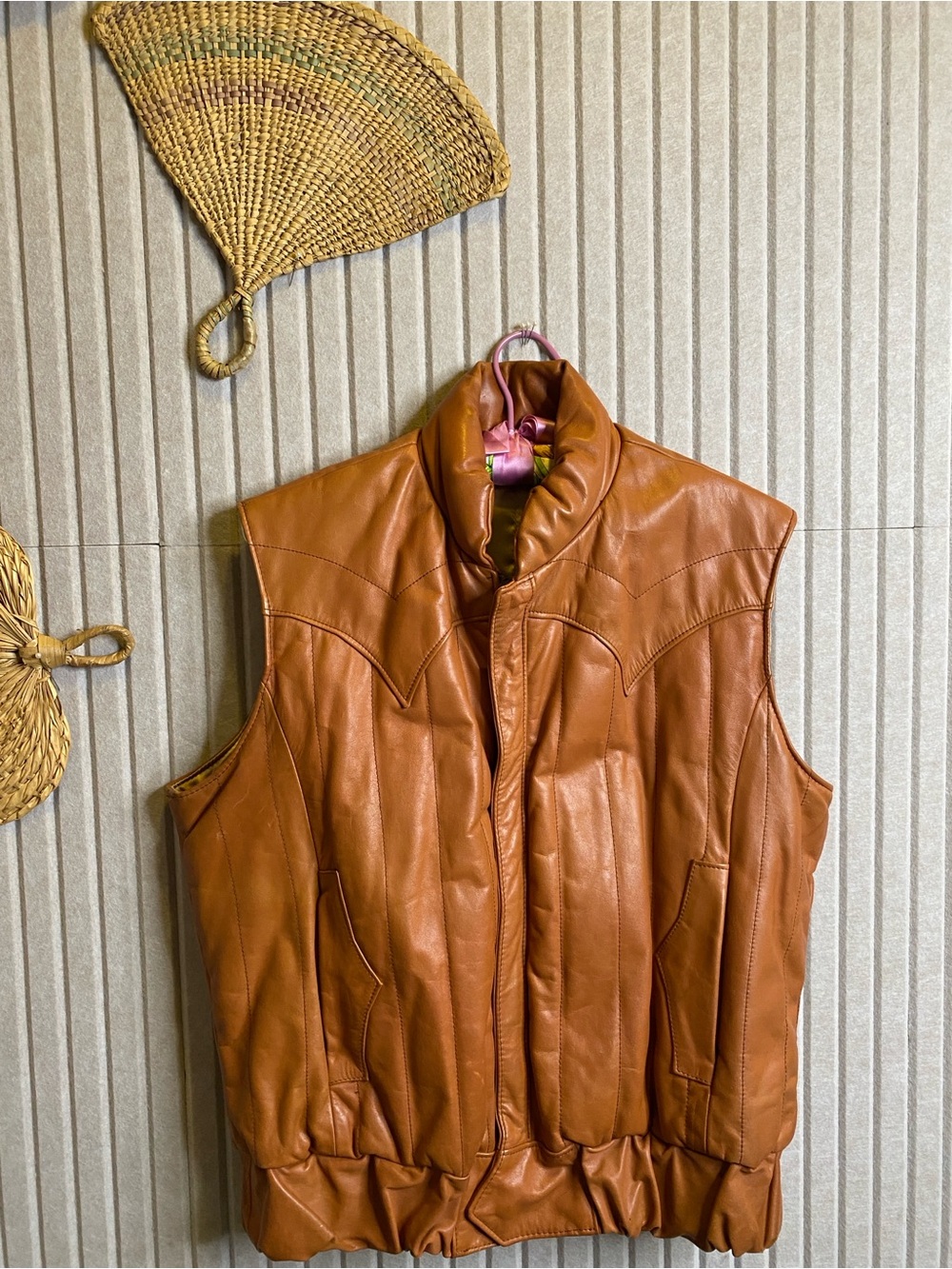 Vintage FRYE Leather Western Yoke Vest Size 40 M Cognac Tan Zip Cowboy Retro
